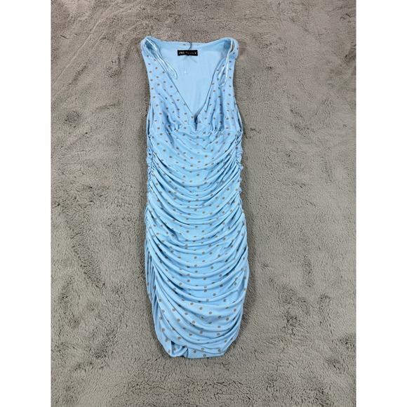 NWT Zara Light Blue Polka‎ Dot Sleeveless Ruched Bodycon Mini Dress size M Y2K - Picture 2 of 11